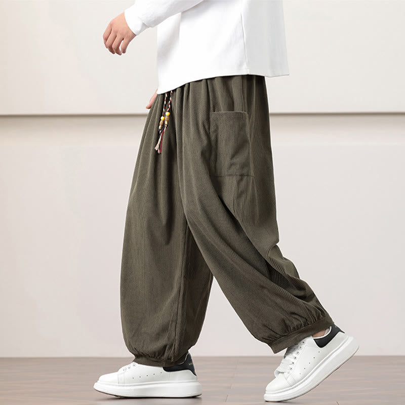 Nimara Ritual Solid Color Corduroy Drawstring Men's Harem Pants With Pockets