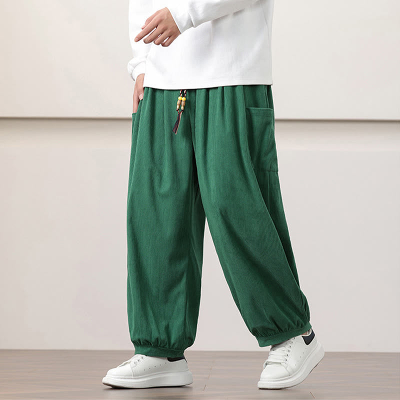 Nimara Ritual Solid Color Corduroy Drawstring Men's Harem Pants With Pockets