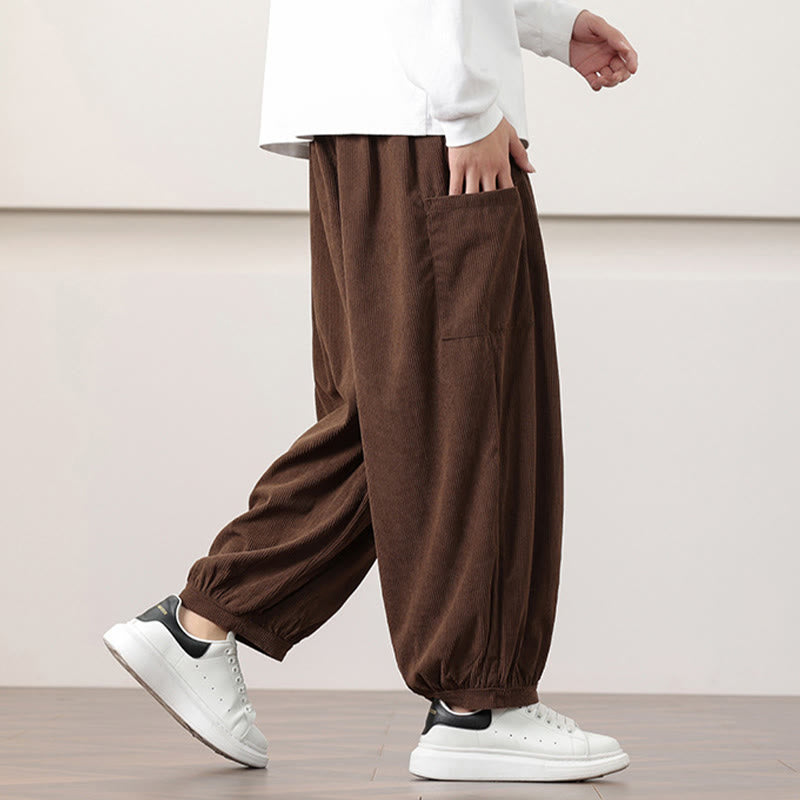 Nimara Ritual Solid Color Corduroy Drawstring Men's Harem Pants With Pockets
