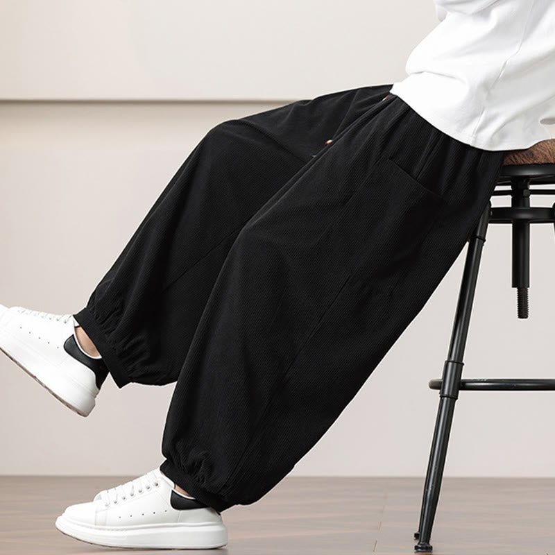 Nimara Ritual Solid Color Corduroy Drawstring Men's Harem Pants With Pockets