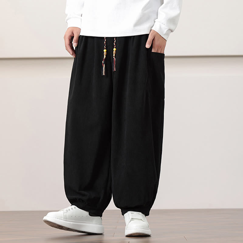 Nimara Ritual Solid Color Corduroy Drawstring Men's Harem Pants With Pockets