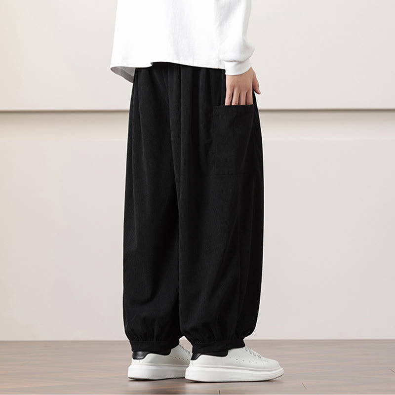 Nimara Ritual Solid Color Corduroy Drawstring Men's Harem Pants With Pockets