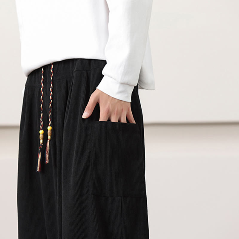 Nimara Ritual Solid Color Corduroy Drawstring Men's Harem Pants With Pockets