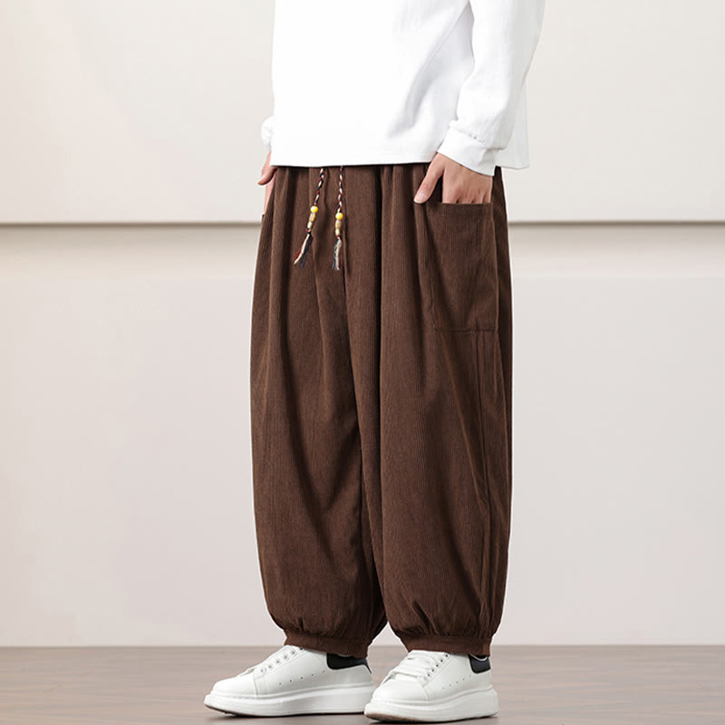 Nimara Ritual Solid Color Corduroy Drawstring Men's Harem Pants With Pockets