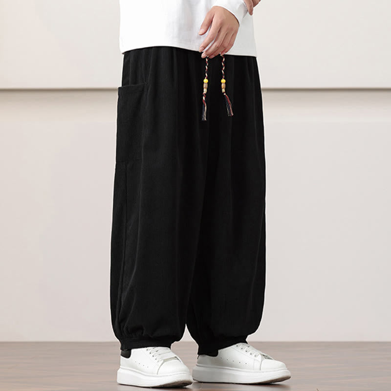 Nimara Ritual Solid Color Corduroy Drawstring Men's Harem Pants With Pockets