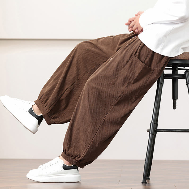Nimara Ritual Solid Color Corduroy Drawstring Men's Harem Pants With Pockets