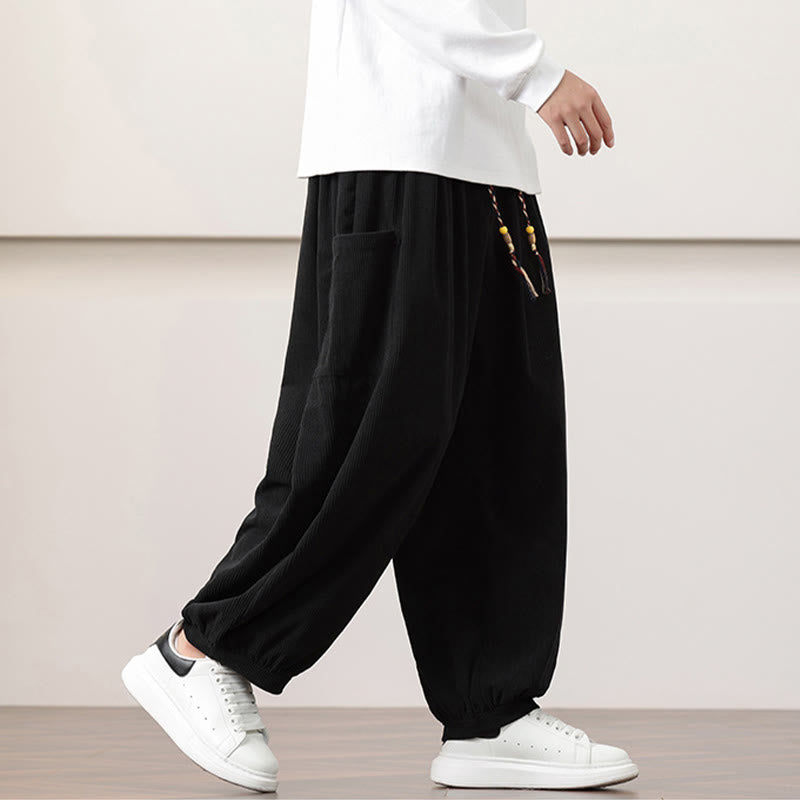 Nimara Ritual Solid Color Corduroy Drawstring Men's Harem Pants With Pockets