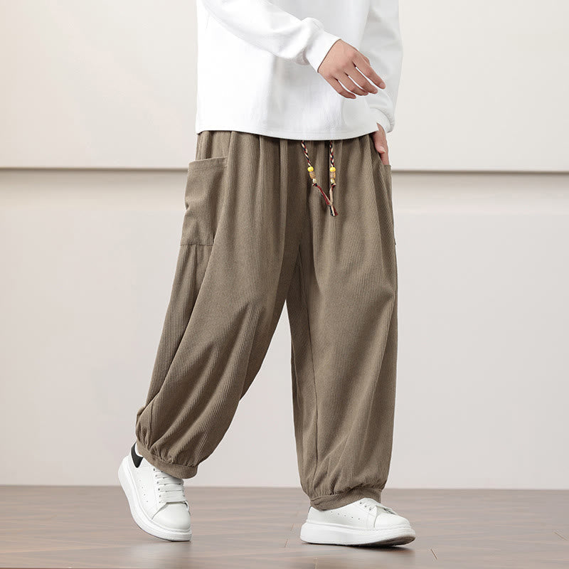 Nimara Ritual Solid Color Corduroy Drawstring Men's Harem Pants With Pockets