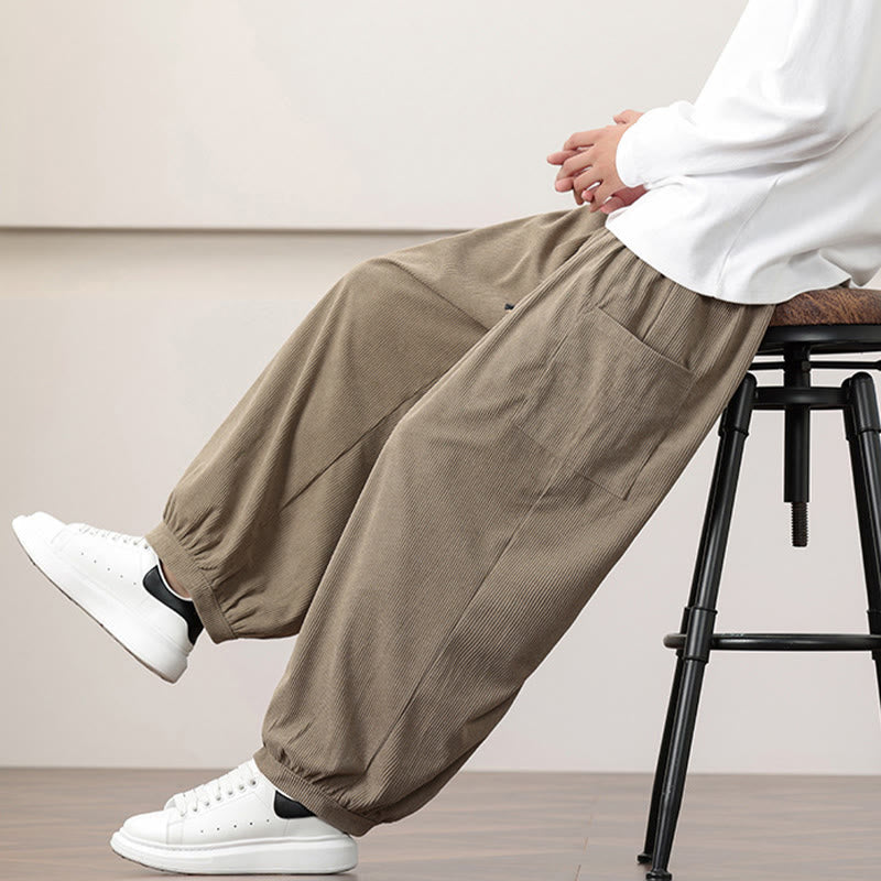 Nimara Ritual Solid Color Corduroy Drawstring Men's Harem Pants With Pockets
