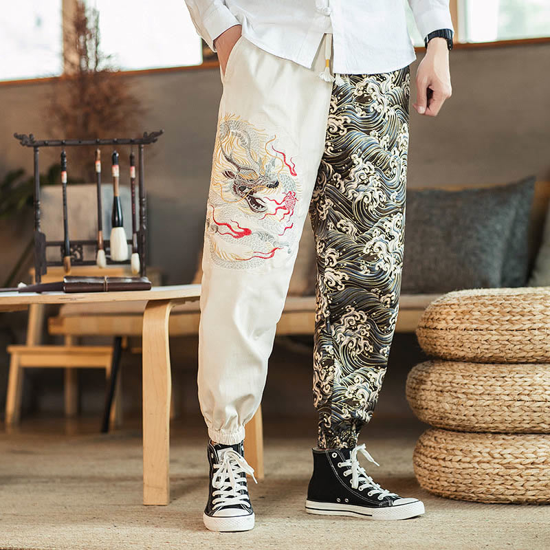 Nimara Ritual Dragon Pattern Two-tone Men's Pants With Pockets