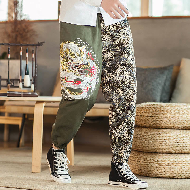 Nimara Ritual Dragon Pattern Two-tone Men's Pants With Pockets