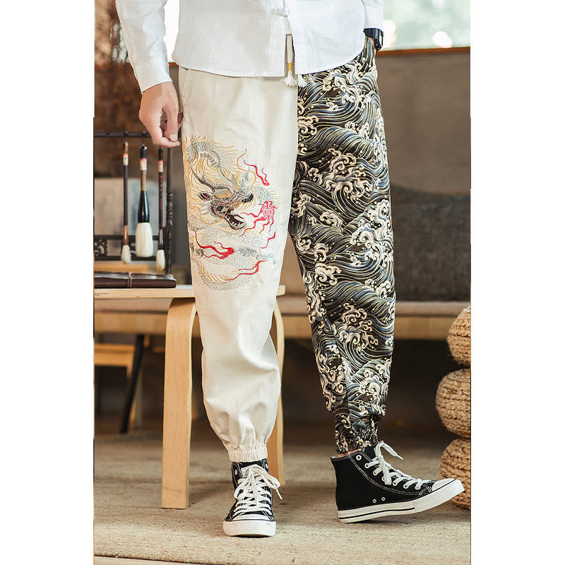 Nimara Ritual Dragon Pattern Two-tone Men's Pants With Pockets