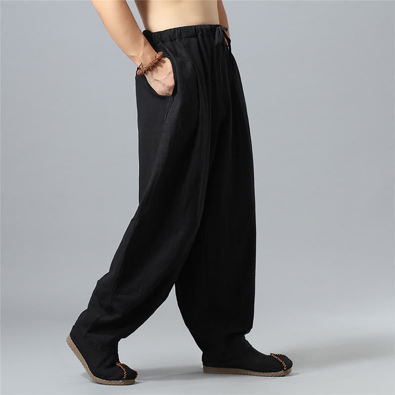 Nimara Ritual Casual Solid Color Drawstring Cotton Linen Men's Pants With Pockets