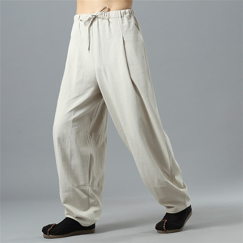 Nimara Ritual Casual Solid Color Drawstring Cotton Linen Men's Pants With Pockets