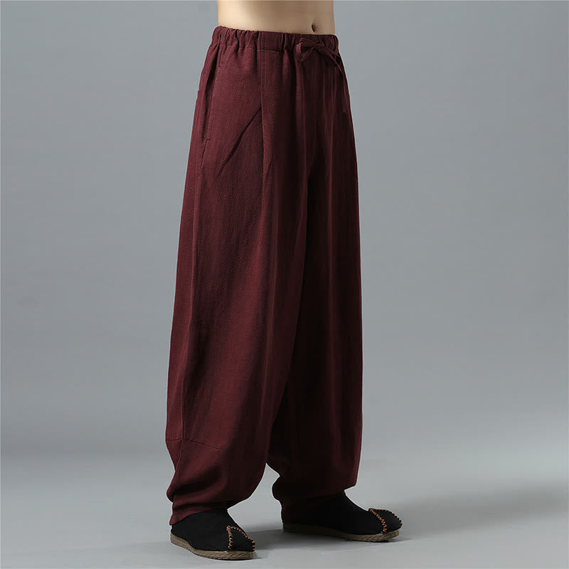 Nimara Ritual Casual Solid Color Drawstring Cotton Linen Men's Pants With Pockets