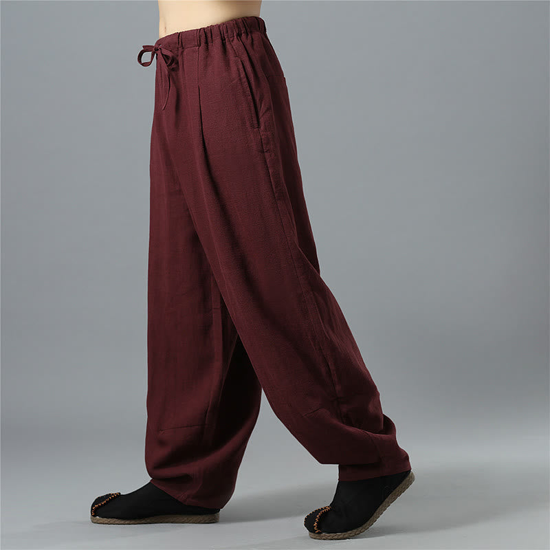 Nimara Ritual Casual Solid Color Drawstring Cotton Linen Men's Pants With Pockets