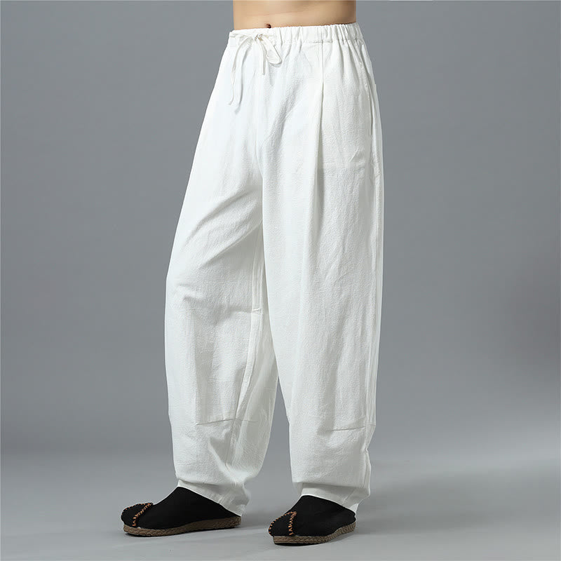 Nimara Ritual Casual Solid Color Drawstring Cotton Linen Men's Pants With Pockets