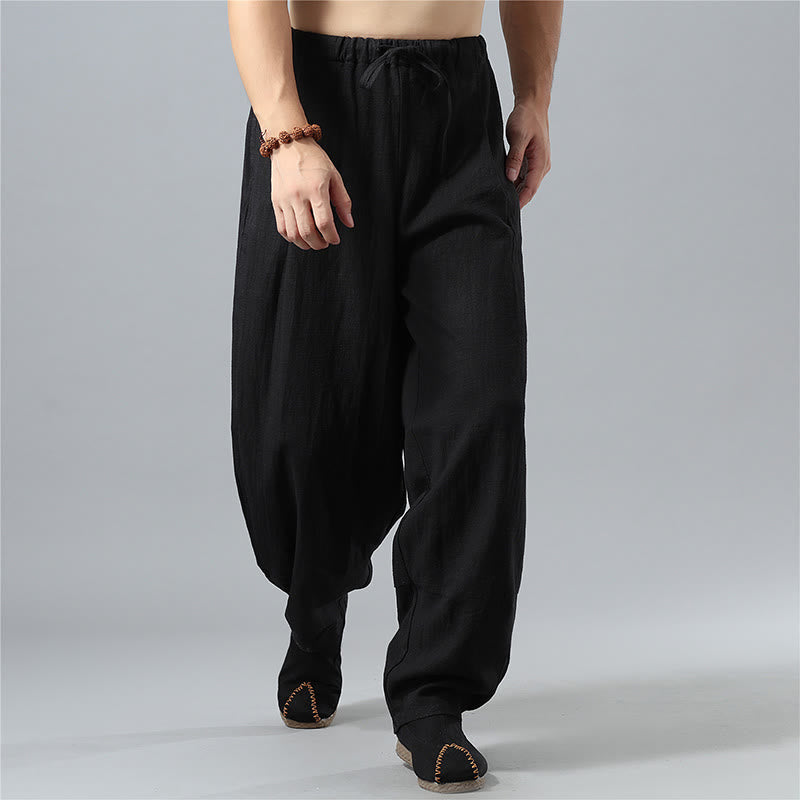 Nimara Ritual Casual Solid Color Drawstring Cotton Linen Men's Pants With Pockets