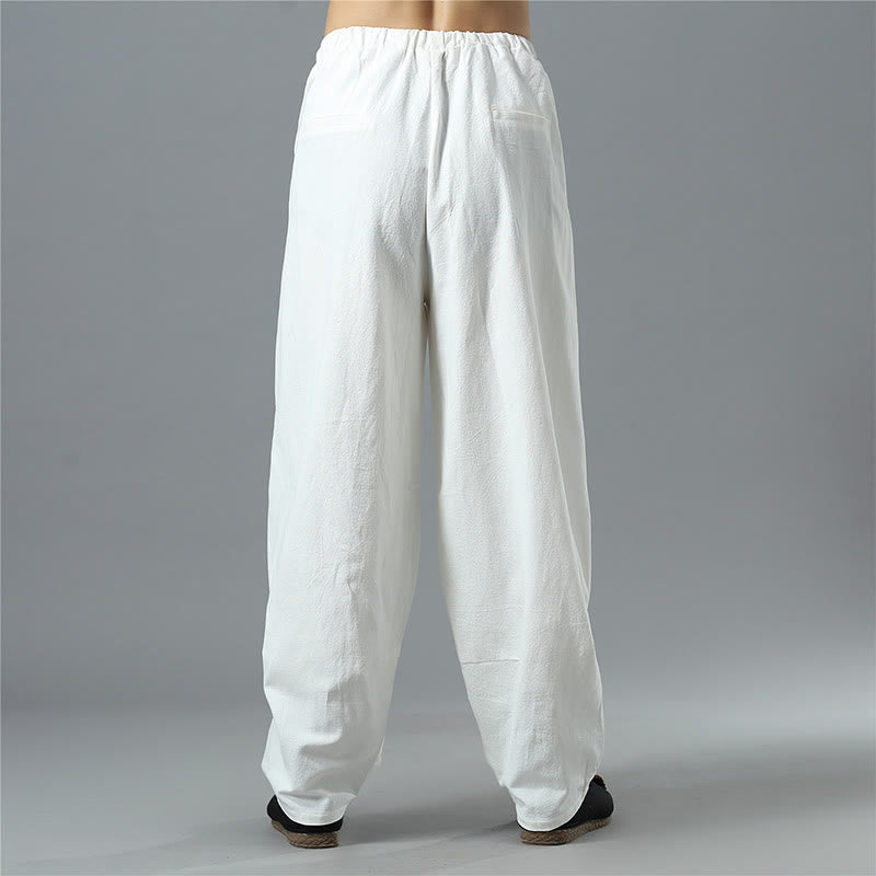 Nimara Ritual Casual Solid Color Drawstring Cotton Linen Men's Pants With Pockets