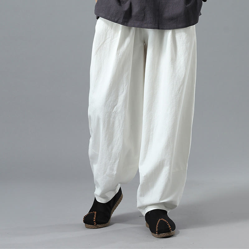 Nimara Ritual Casual Solid Color Drawstring Cotton Linen Men's Pants With Pockets