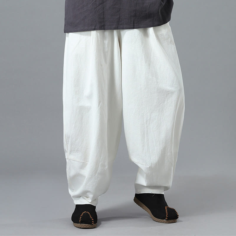 Nimara Ritual Casual Solid Color Drawstring Cotton Linen Men's Pants With Pockets
