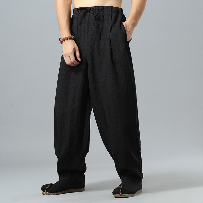 Nimara Ritual Casual Solid Color Drawstring Cotton Linen Men's Pants With Pockets
