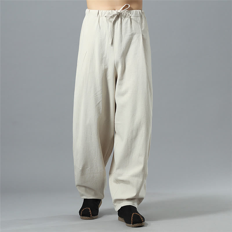 Nimara Ritual Casual Solid Color Drawstring Cotton Linen Men's Pants With Pockets