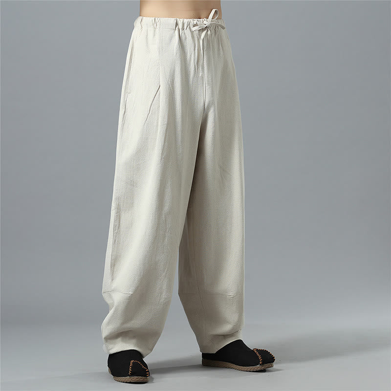Nimara Ritual Casual Solid Color Drawstring Cotton Linen Men's Pants With Pockets
