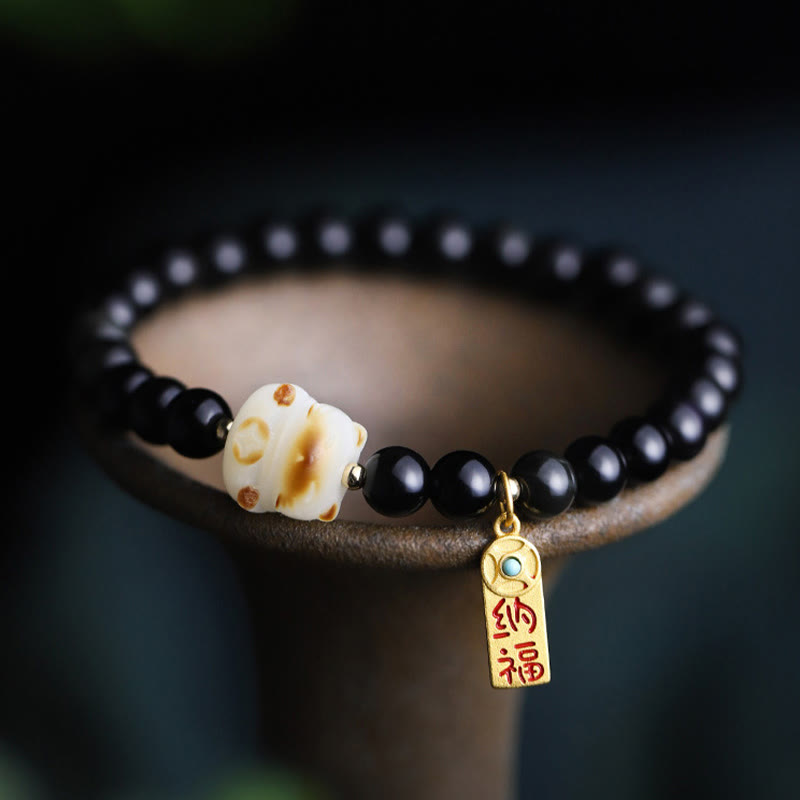 Nimara Ritual Black Obsidian Cat Paw Bodhi Seed Lucky Fortune Charm Purification Bracelet