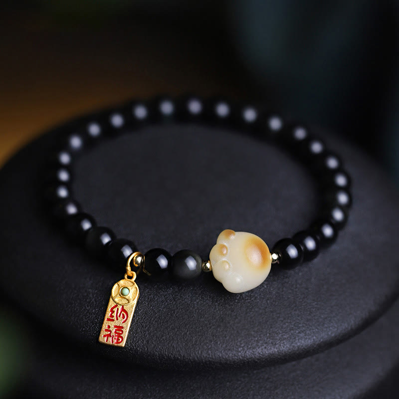 Nimara Ritual Black Obsidian Cat Paw Bodhi Seed Lucky Fortune Charm Purification Bracelet