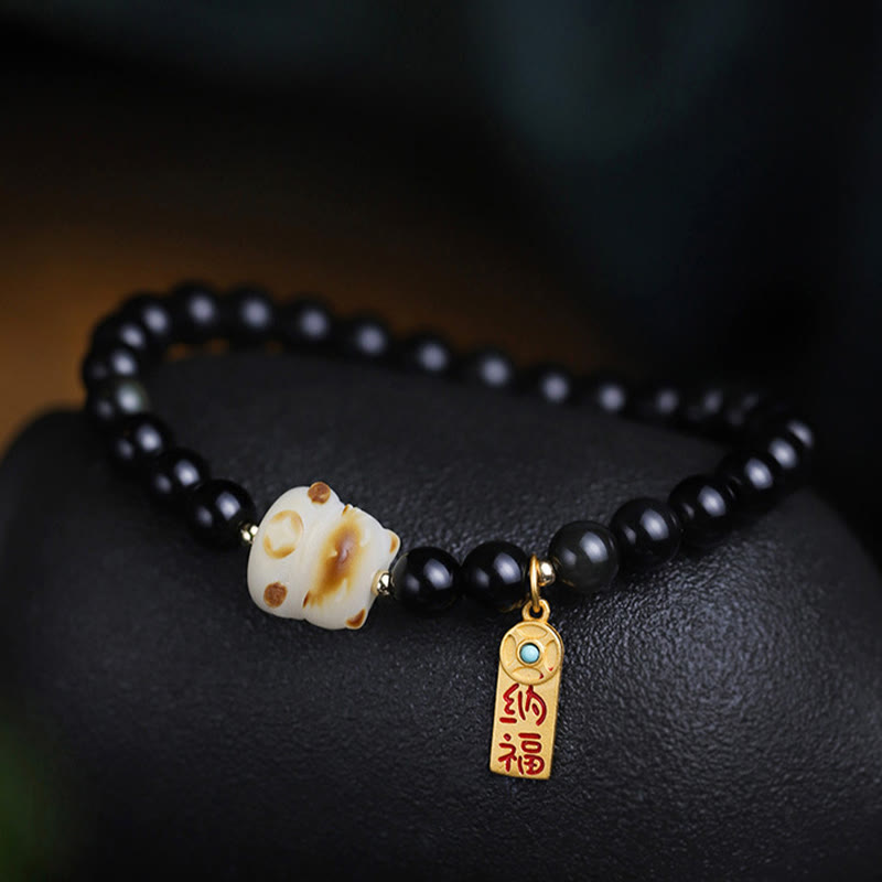 Nimara Ritual Black Obsidian Cat Paw Bodhi Seed Lucky Fortune Charm Purification Bracelet