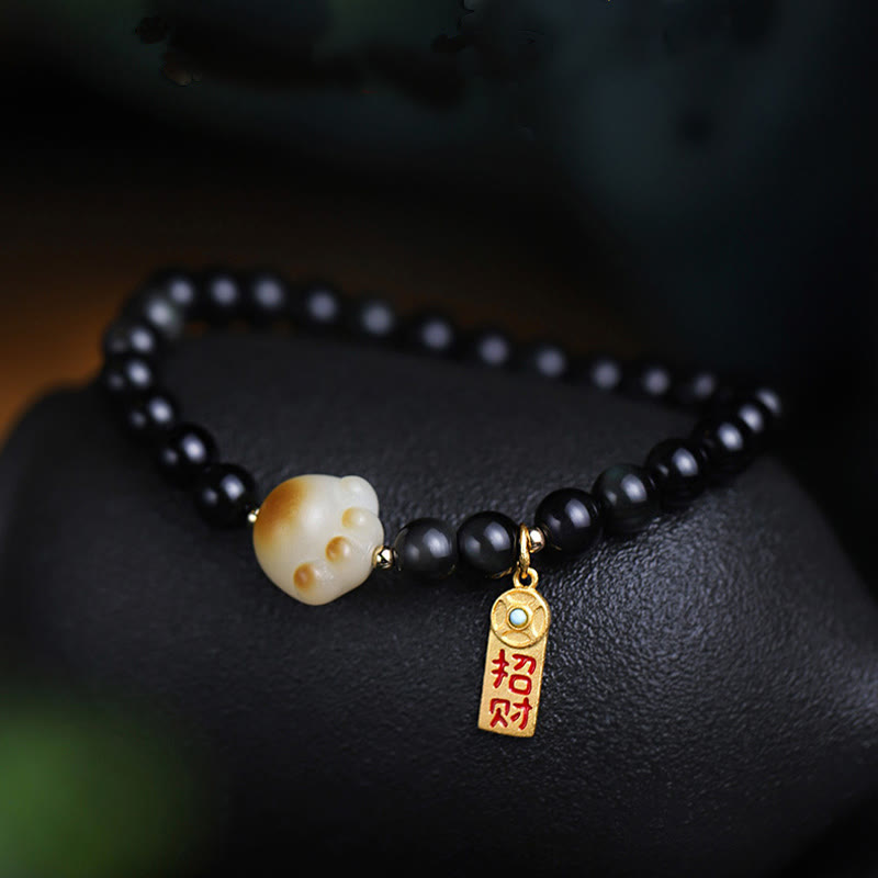 Nimara Ritual Black Obsidian Cat Paw Bodhi Seed Lucky Fortune Charm Purification Bracelet
