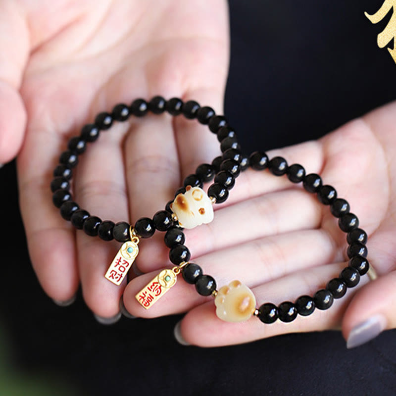 Nimara Ritual Black Obsidian Cat Paw Bodhi Seed Lucky Fortune Charm Purification Bracelet