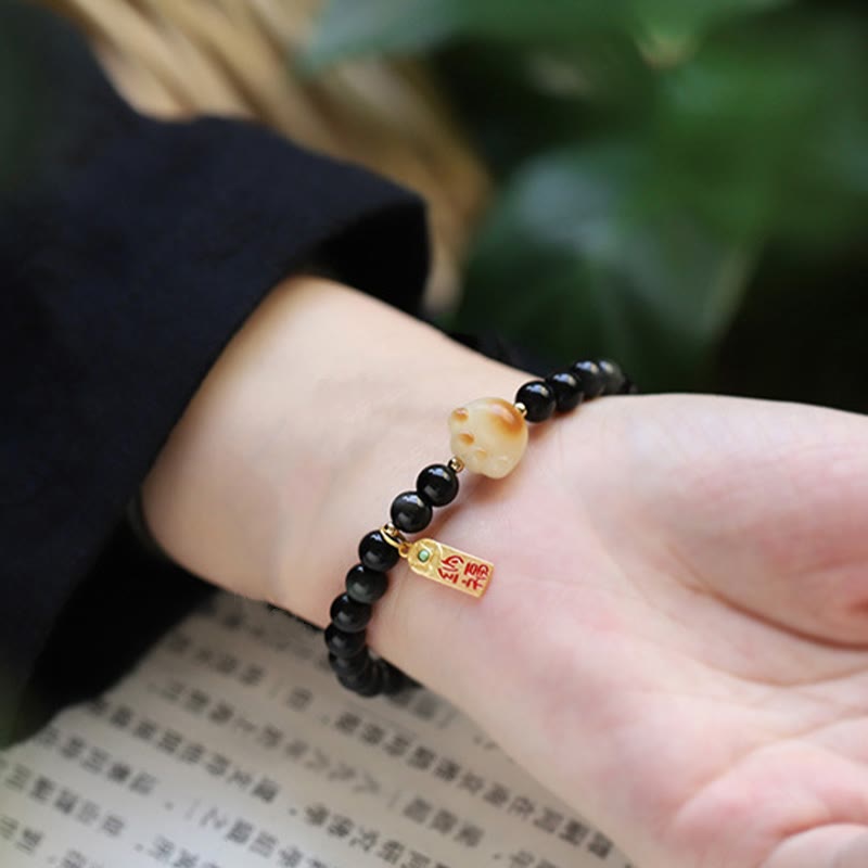 Nimara Ritual Black Obsidian Cat Paw Bodhi Seed Lucky Fortune Charm Purification Bracelet