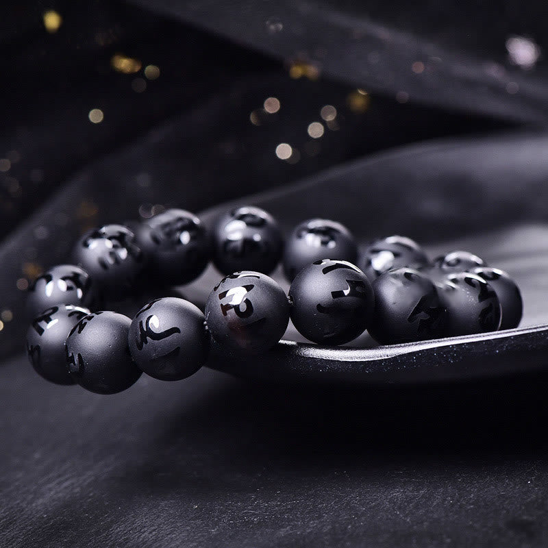 Nimara Ritual Natural Black Onyx Om Mani Padme Hum Carved Protection Bracelet