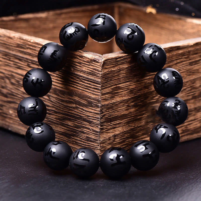 Nimara Ritual Natural Black Onyx Om Mani Padme Hum Carved Protection Bracelet