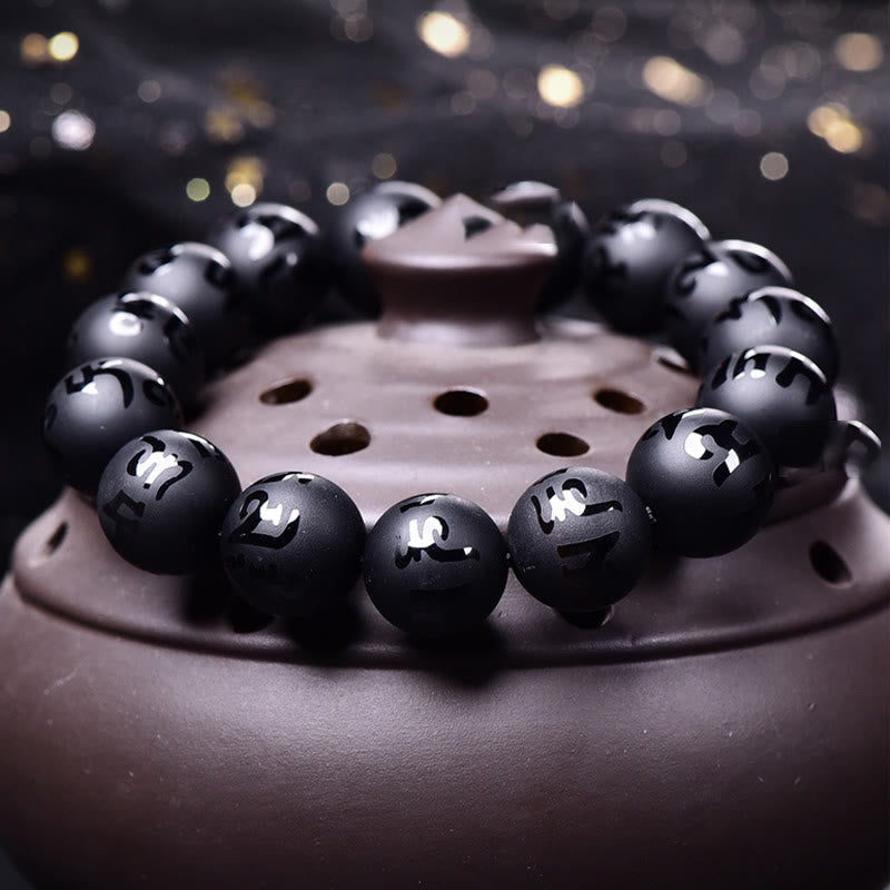 Nimara Ritual Natural Black Onyx Om Mani Padme Hum Carved Protection Bracelet