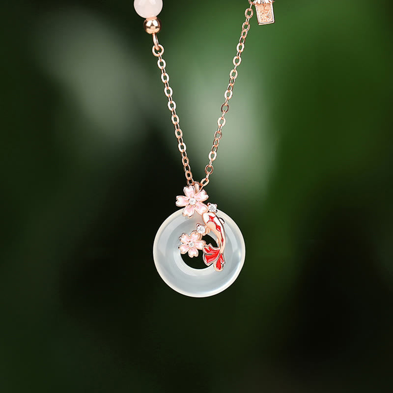 Nimara Ritual Chalcedony Pink Crystal 925 Sterling Silver Flowers Koi Fish Peace Buckle Positive Necklace Pendant
