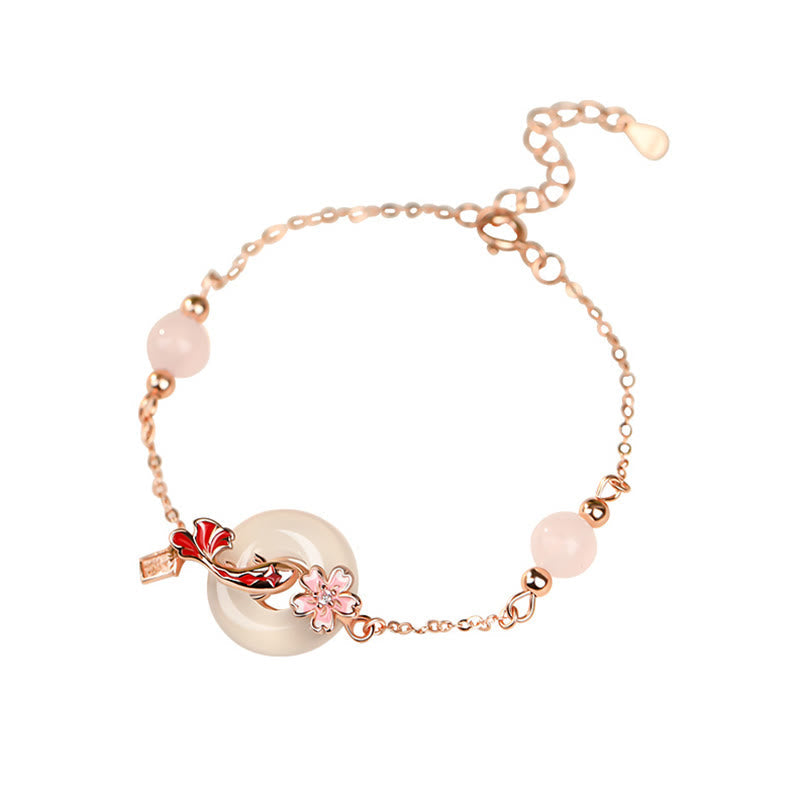 Nimara Ritual Chalcedony Pink Crystal 925 Sterling Silver Flowers Koi Fish Peace Buckle Positive Bracelet