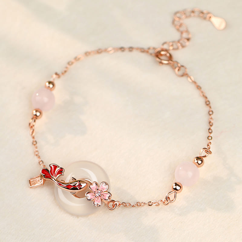 Nimara Ritual Chalcedony Pink Crystal 925 Sterling Silver Flowers Koi Fish Peace Buckle Positive Bracelet