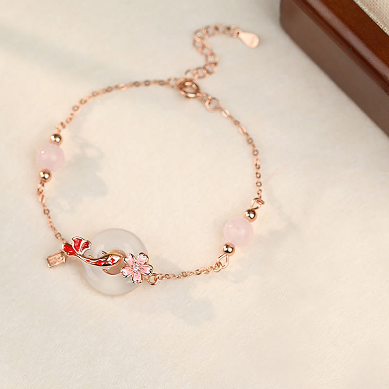 Nimara Ritual Chalcedony Pink Crystal 925 Sterling Silver Flowers Koi Fish Peace Buckle Positive Bracelet