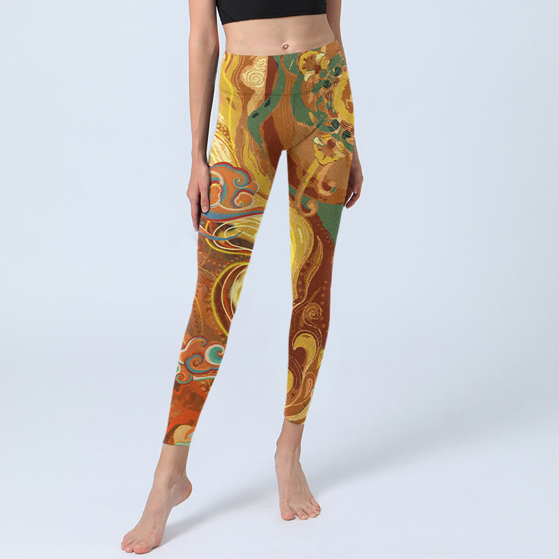 Nimara Ritual Golden Auspicious Cloud Waves Print Gym Leggings Women's Yoga Pants