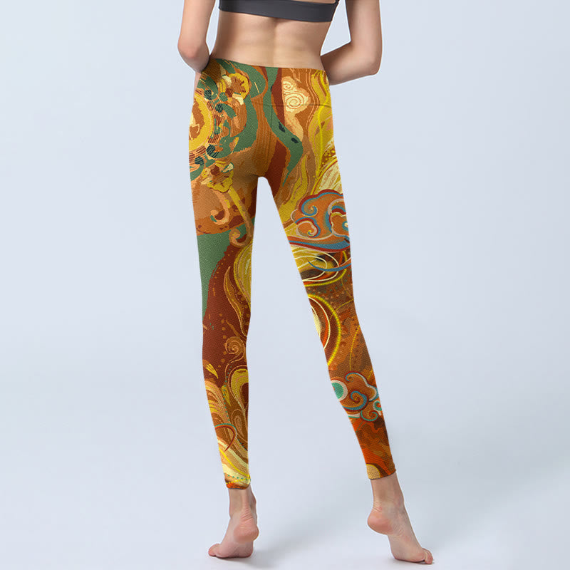 Nimara Ritual Golden Auspicious Cloud Waves Print Gym Leggings Women's Yoga Pants