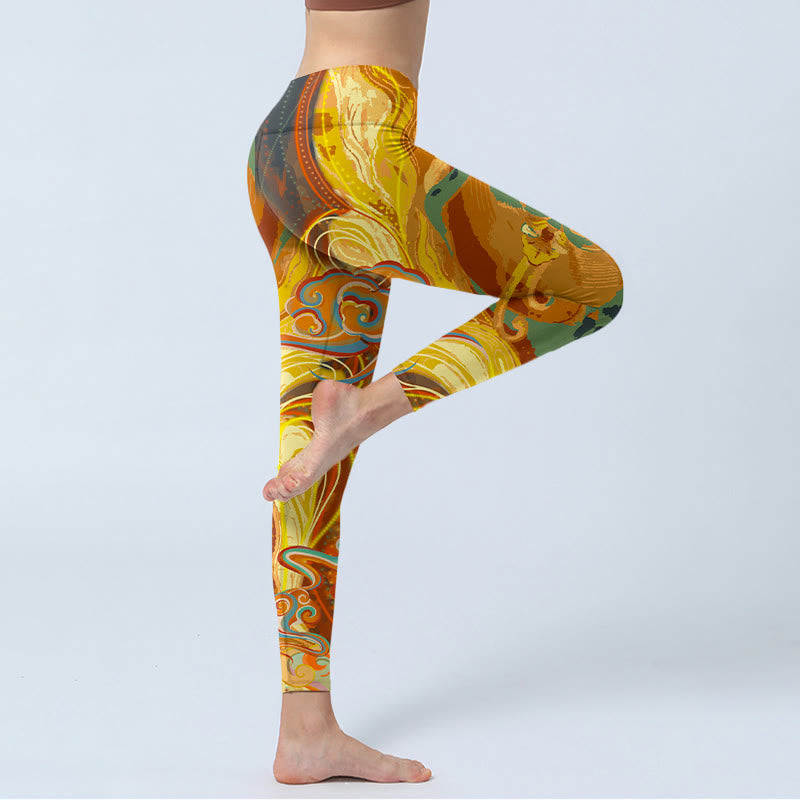 Nimara Ritual Golden Auspicious Cloud Waves Print Gym Leggings Women's Yoga Pants