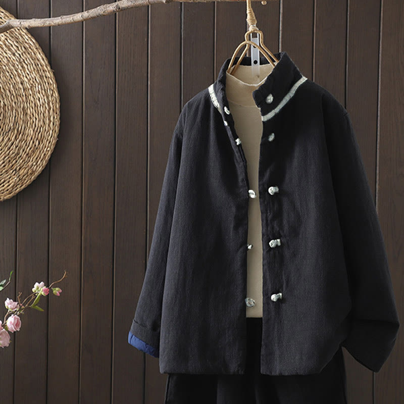 Nimara Ritual Solid Color Casual Frog-button Turtleneck Cotton Linen Women's Jacket Clothing