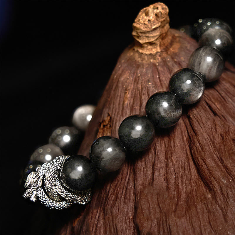 Nimara Ritual Silver Sheen Obsidian Dragon Protection Bracelet