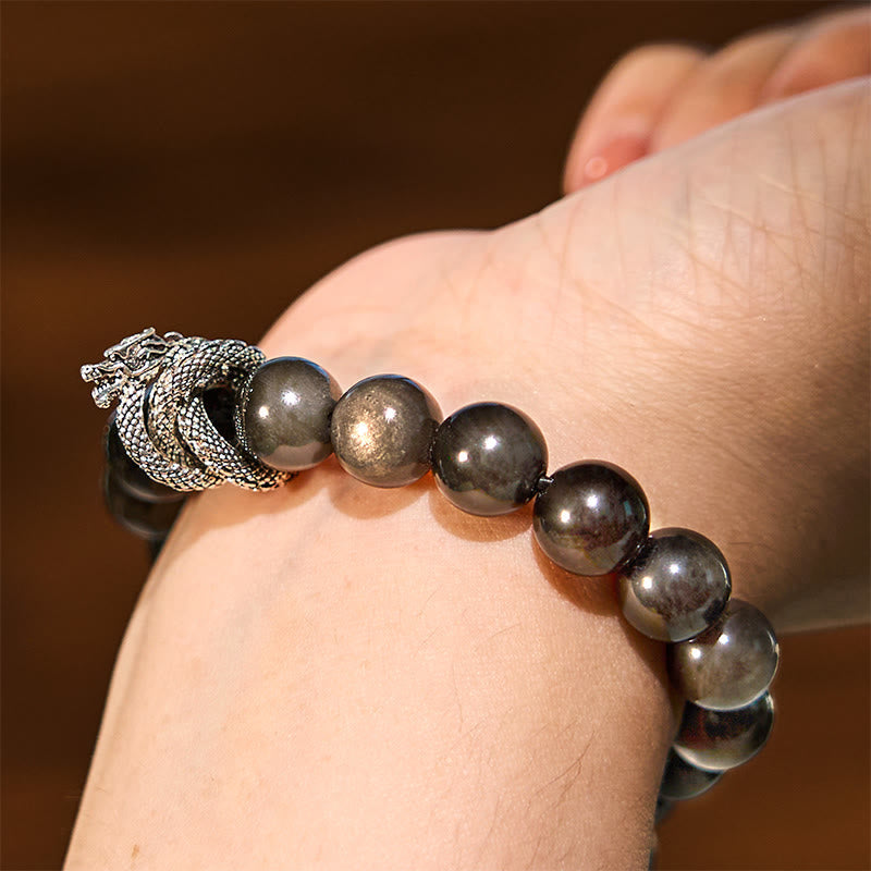 Nimara Ritual Silver Sheen Obsidian Dragon Protection Bracelet