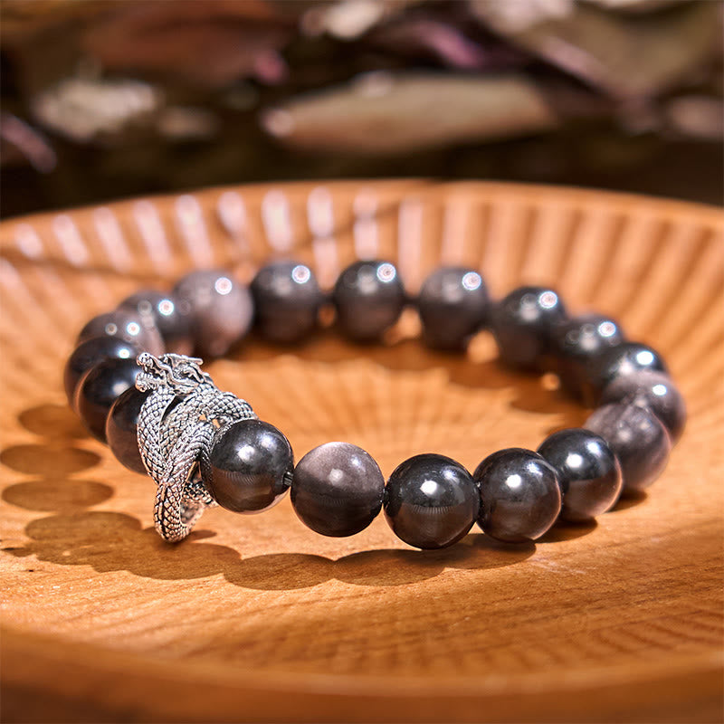 Nimara Ritual Silver Sheen Obsidian Dragon Protection Bracelet