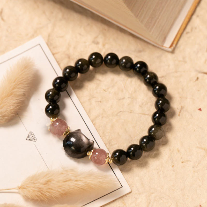 Nimara Ritual Black Obsidian Strawberry Quartz Beads Silver Sheen Obsidian Cat Head Strength Bracelet