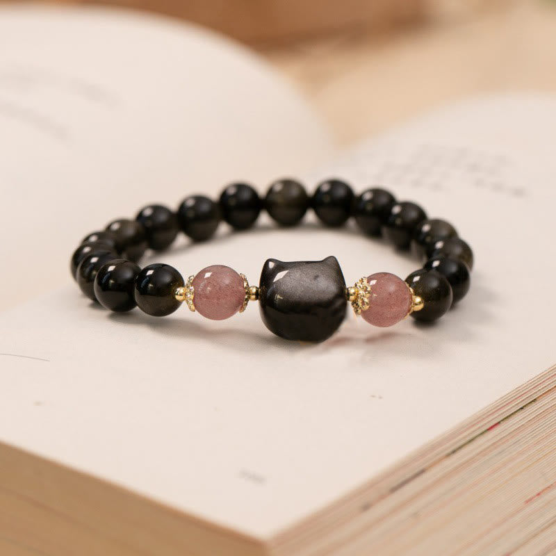 Nimara Ritual Black Obsidian Strawberry Quartz Beads Silver Sheen Obsidian Cat Head Strength Bracelet